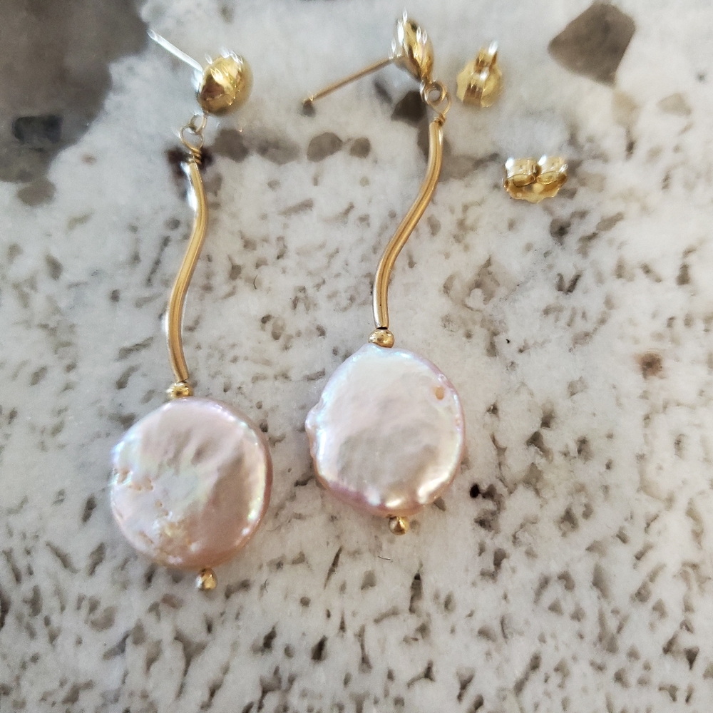 14k Yellow Gold Coin Pearl Earrings